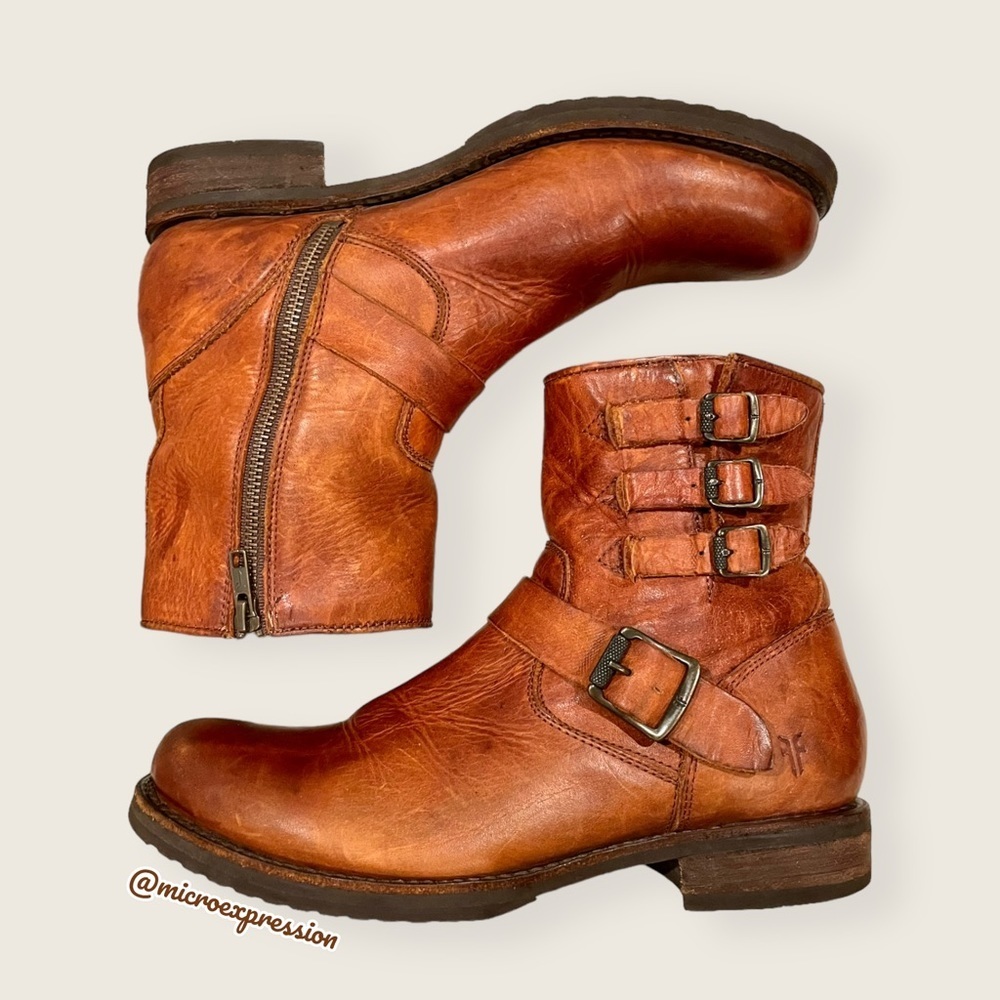 $389 Veronica Short Belted Cognac Leather Fringe Moto Vintage Combat Ankle Boot - Picture 16 of 16